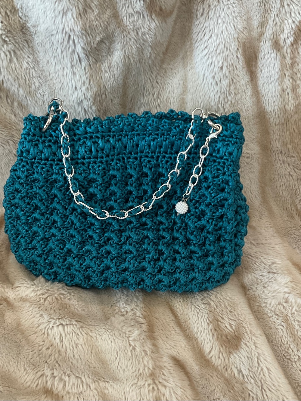 Handcrocheted Teal Crochet Chain-Handle Women's Evening Bag.  Handmade By Me!